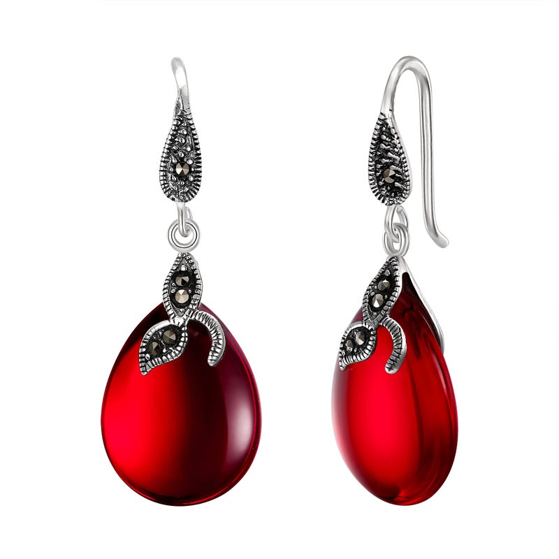 EVER FAITH 925 Sterling Silver Red Created Chalcedony Crystal Retro Black Leaf Teardrop Hook Earrings Birthday/Mothers Day/Valentines/Christmas Jewelry Gift for Women - Image 1